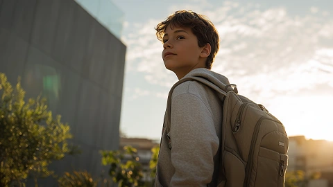 Criança ao ar livre com uma mochila às costas está posicionada em primeiro plano, olhando para a frente em ligeiro ângulo. O cenário inclui um edifício moderno à esquerda e vegetação ao fundo. A luz do sol, baixa no horizonte, ilumina a cena com tons quentes, criando sombras suaves e destacando o ambiente ao final do dia.
