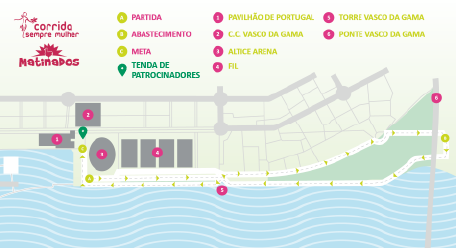 Mapa do circuito da Corrida Sempre Mulher com indicação da localização da tenda de patrocinadores